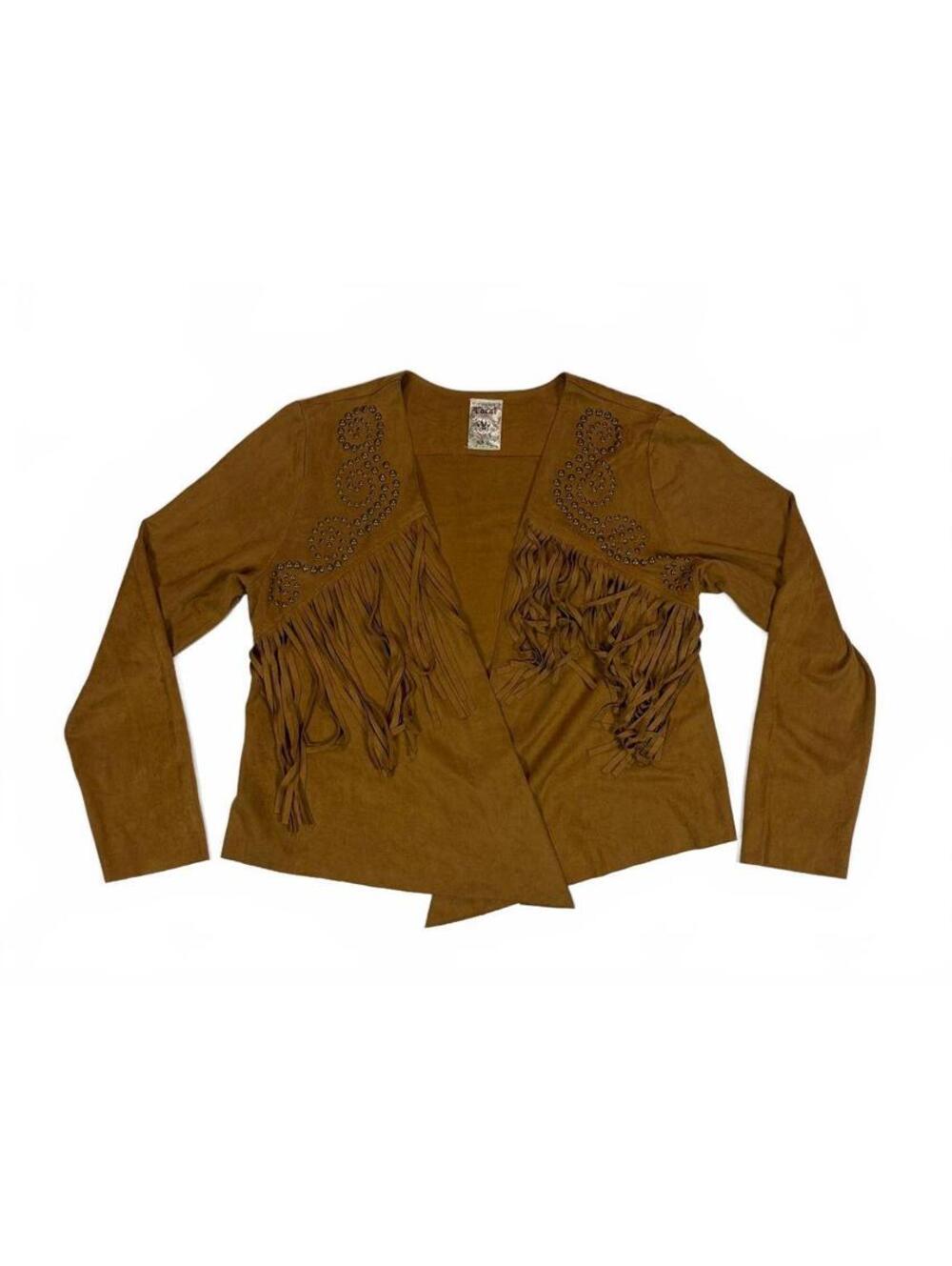 Western Boho Vocal Fringe Studded Faux Suede Jacket Women's L Brown Open Front